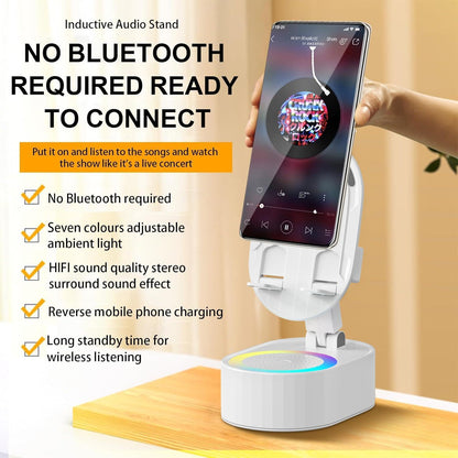 Wireless Induction Audio Bluetooth Speaker 5in1 Phone Holder Emergency Rechargeable (3000mAh) with Colorful Ambient Light 300° Foldable for Tablet iPhone Android, Gifts for Men Women (White)