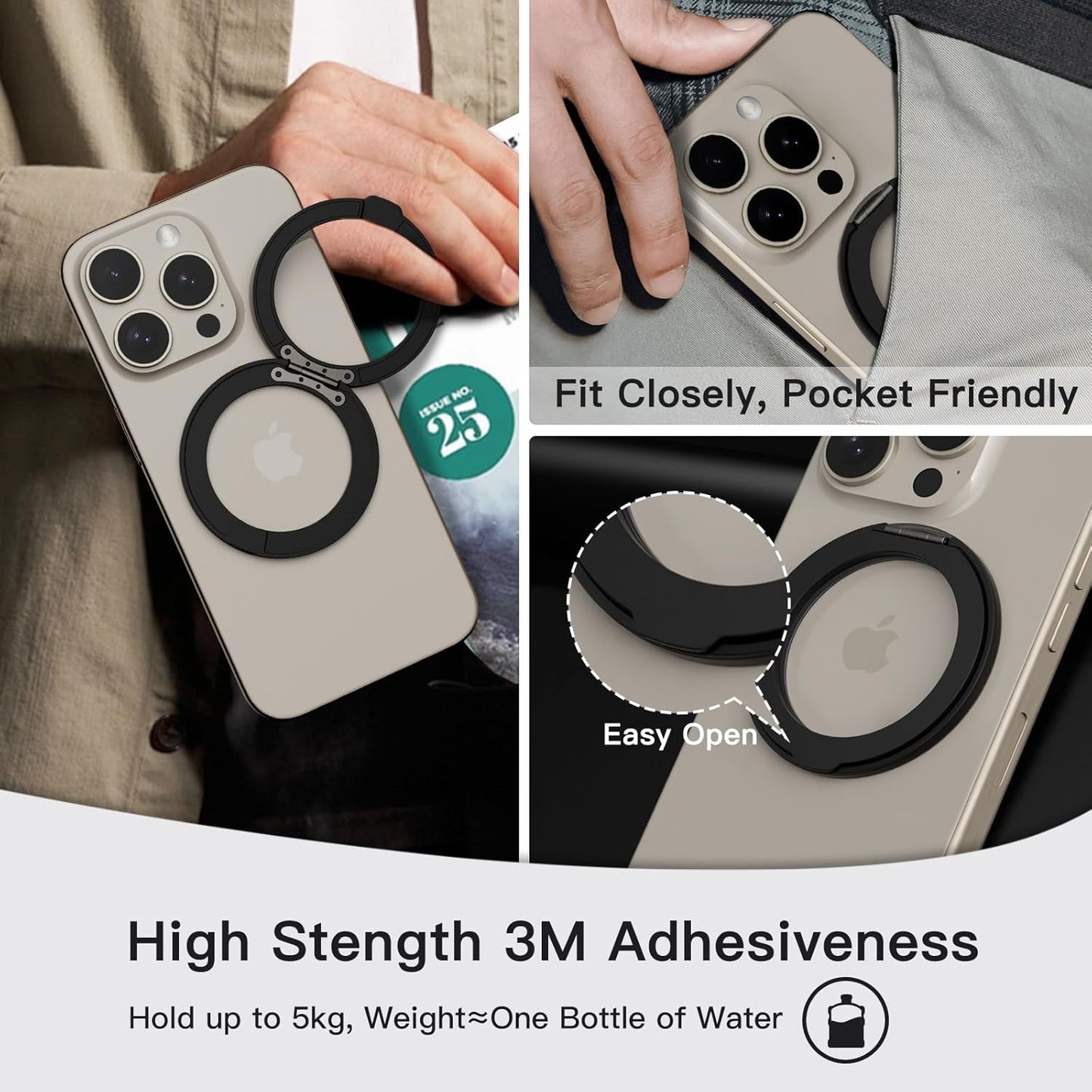 COOLQO 4Pcs 360 Spin Cell Grip Ring Phone Stand [Upgrade Gear Hinge Stress Anxiety Relief] Magnetic Holders for Your car Accessories Desk Mount Compatible with iPhone All Smartphones, Black