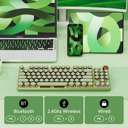 EWEADN V20 Green Typewriter Keyboard,87 Keys Backlit Typewriter Style Mechanical Keyboards, Media Control Knob, Wired/BT5.0/2.4G Typewriter Style Computer Keyboards Pink Switch for Windows/Mac/PC