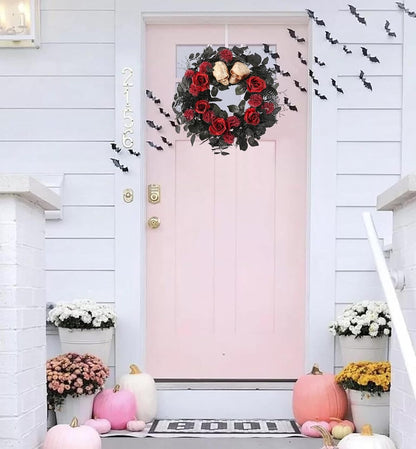 20" Halloween Wreaths for Front Door, Black Eucalyptus Leaves with Glitters, Red Roses, Skull, Gothic Wreath Horror Room Decor