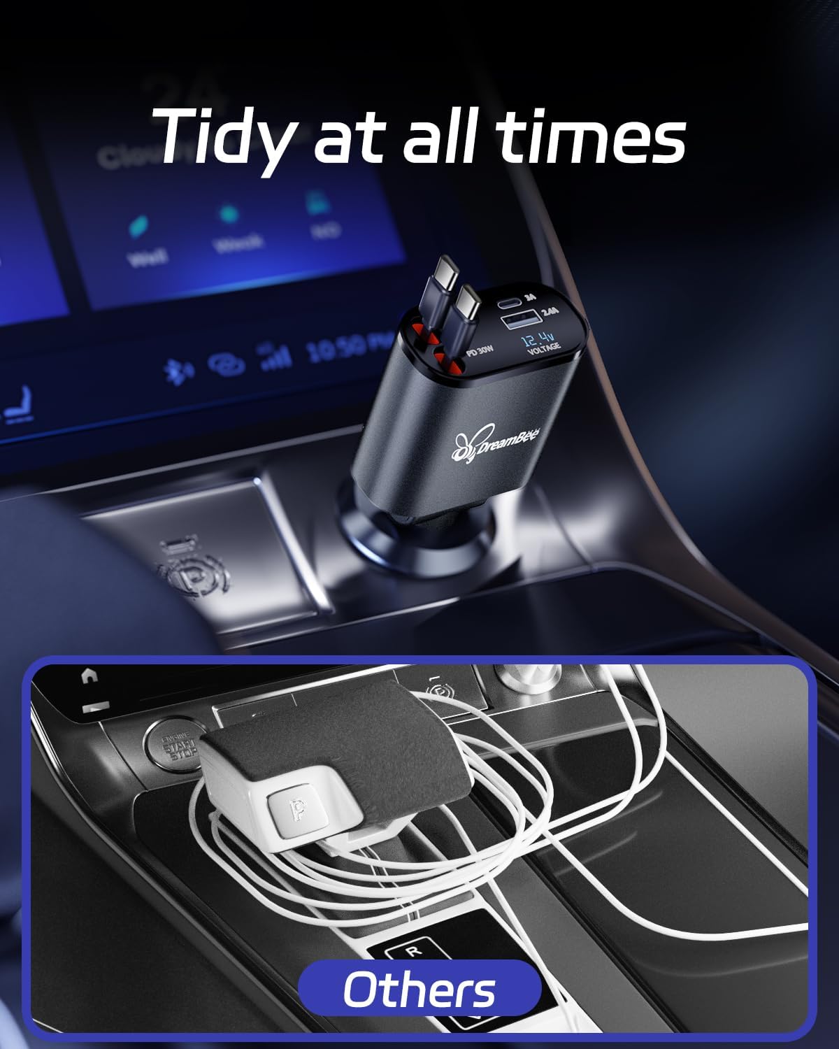 DreamBee Retractable Car Charger,66W Super Fast USB Car Phone Charger,Dual TypeC Retractable Cables Gifts for Men Women Car Truck Accessories for Samsung Galaxy S23+/S23/ S22 iPhone 15/14,iPad