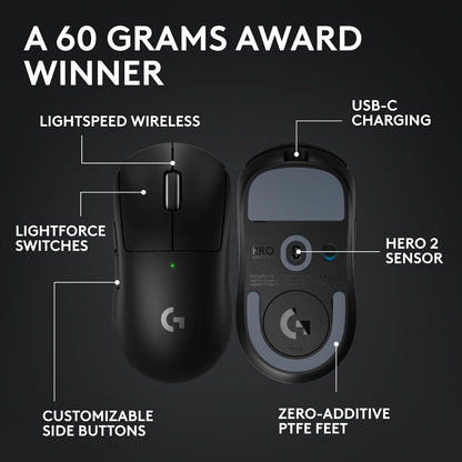 Logitech G PRO X SUPERLIGHT 2 Wireless Gaming Mouse, 60g Pro-Grade with 5 Programmable Buttons, 44k DPI Sensor, 8kHz Report Rate, USB-C Charging for PC/Mac - Black