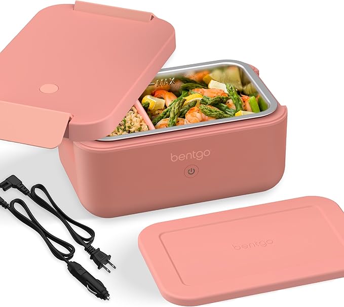 Bentgo Heat - Electric Lunch Box - Portable Food Warmer for Adults, Heated Lunch Box for Work, Travel, School & On the Go, Plug Into Wall or Car, Ideal for Ages 14+, 12V/24V & 120V Cords (Pink Spice)