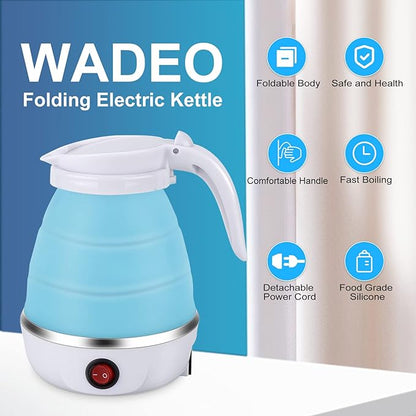 Portable Electric Kettle Travel Size, 600ML Small Foldable Tea Coffee Kettle with Collapsible Bowl and Cups, 5 Min Fast Water Boiling, BPA Free Food Grade Silicone, 110V 400W