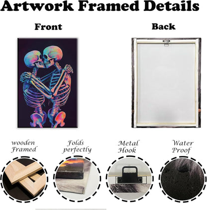 Skeleton Wall Art Kissing Skull Art Poster Skeleton Lover Picture Print On Canvas Abstract Horrible Theme Painting Framed Artwork Living Room Decor(Artwork-3,12"x18")