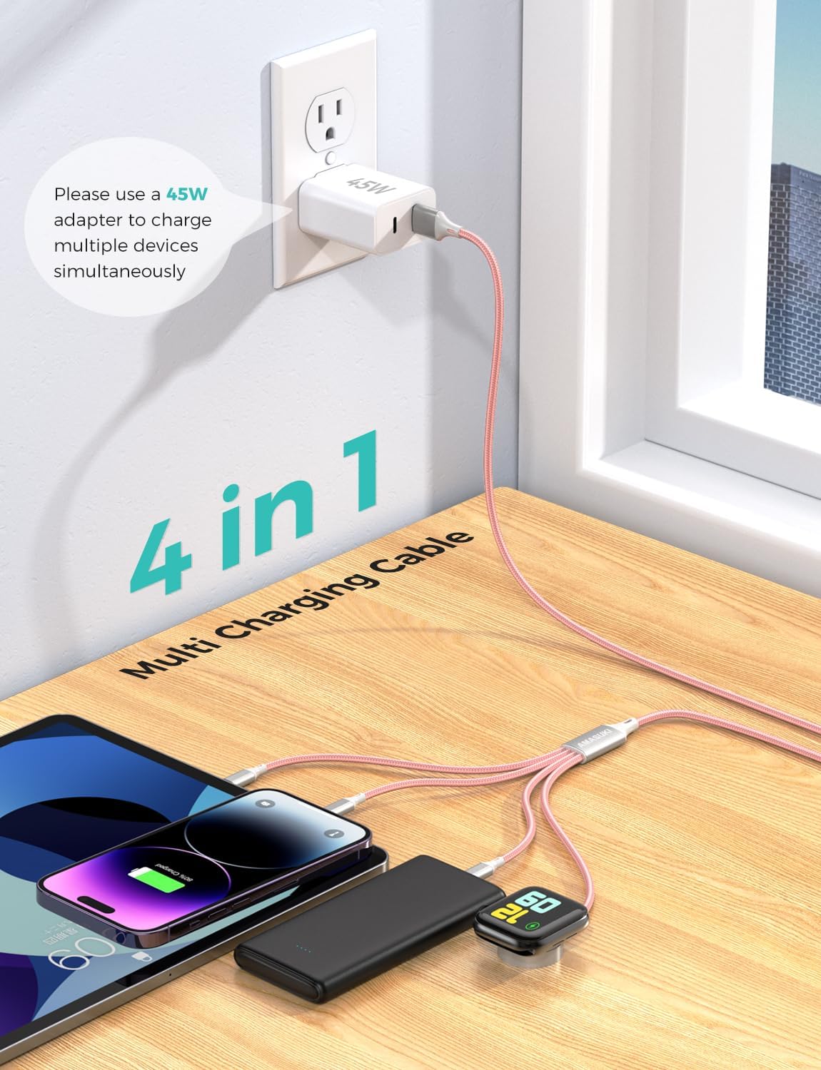 2Pack Travel Essentials Multi Charging Cable for Watch Charger 4 in 1 Fast Charger Camping Essentials USB C/L/Micro Compatible with Watch Series 10-1/SE/Ultra Phone 16 15/Galaxy Android-4FT/Pink