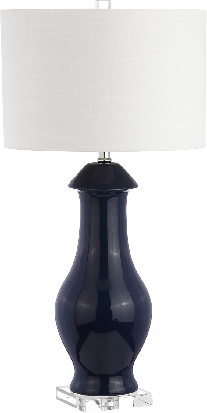 JONATHAN Y 31" Navy Blue Ceramic and Crystal Table Lamp, Contemporary Slender Vase Bedside Lamp for Living Room, White Linen Drum Shade, UL Listed, LED Bulb Included JYL8017A