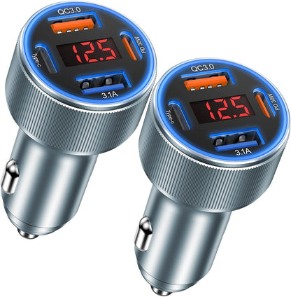 Car Charger USB C, Besgoods 65W 4-Port USB Cigarette Lighter Adapter with Voltmeter PD QC Fast Charging for iPhone 16 15 14 13 12 11 Galaxy S24 S23 A54 A15 Dash Cam Car Accessories, 2Pack