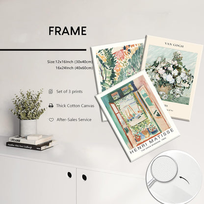 Framed Sage Green Matisse Wall Art Set of 3 Vintage Vin Gogh Flower Market Posters Retro Open Window Canvas Prints Abstract Aesthetic Artwork Painting Picture Decor for Living Room Bedroom 16x24in