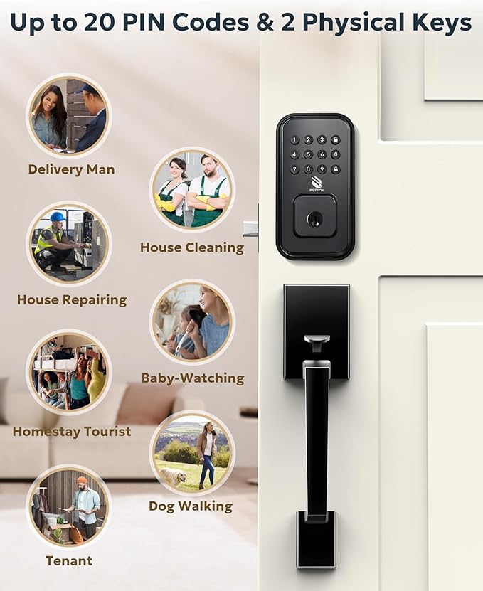 BE-TECH Keyless Entry Smart Door Lock with 2 Pull Handles, Electronic Front Door Locks Set, Digital Keypad Deadbolt, Auto Lock, One Time Codes, Anti Peeping Code, Easy Installation, Black
