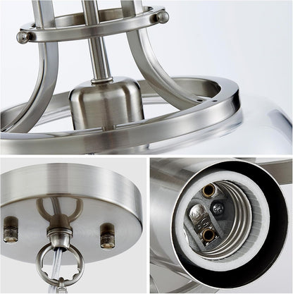 WUZUPS Chandelier Rustic Farmhouse Industrial Round Ceiling Pendant LED Light Fixture with Clear Glass Shades for Dining Room Kitchen Island Foyer Entryway, H 13" x W 10", E26 Base, Brushed Nickel