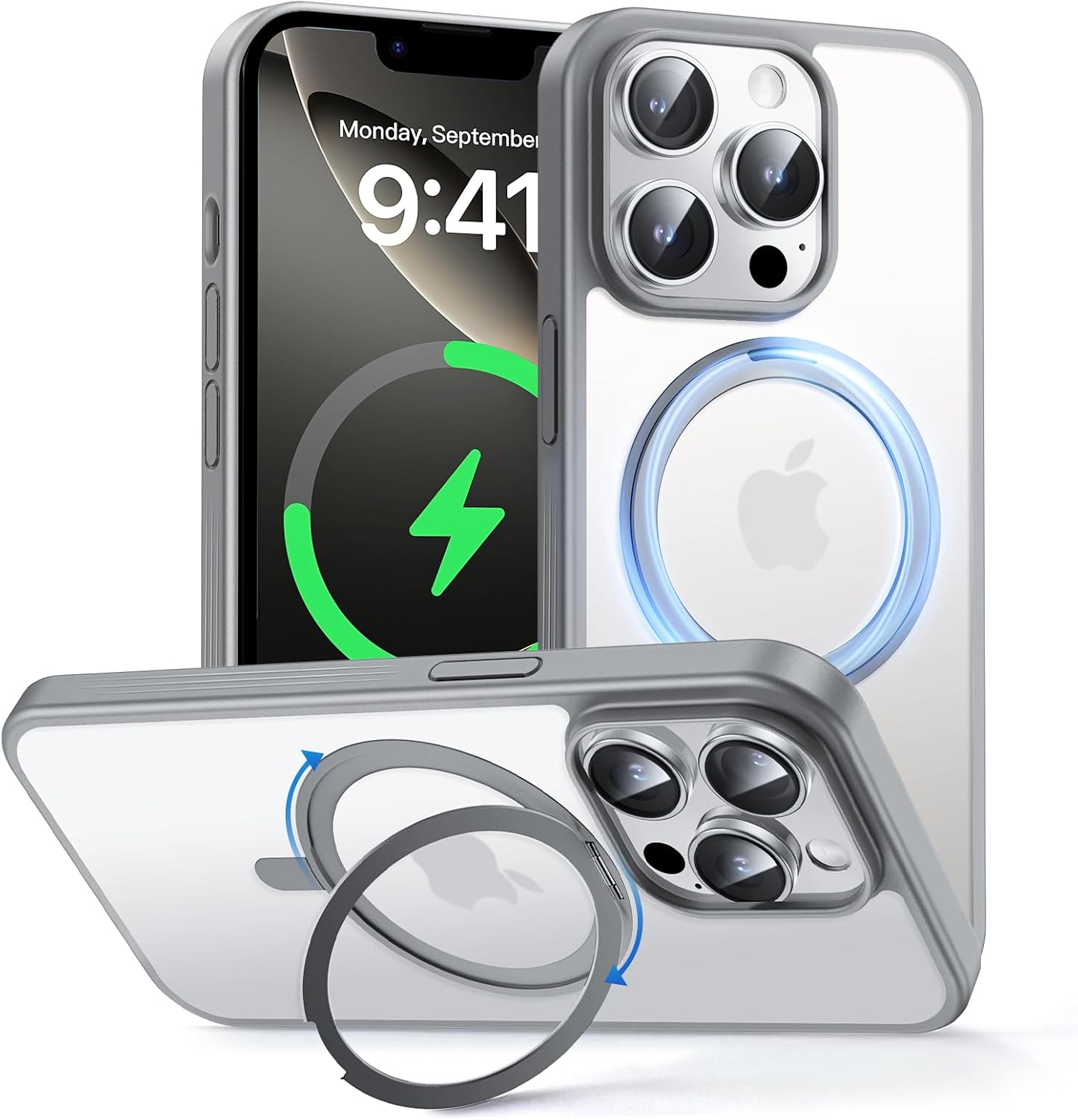 MAGIC JOHN 360° Rotatable Magnetic Invisible Stand for iPhone 14 Pro Case [Anti-Slip Grip] [Compatible with MagSafe] 16FT Shockproof for iPhone 14 Pro Case with Kickstand, Gray