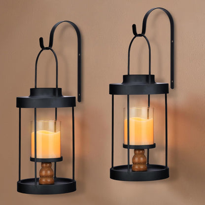 Metal Wall Sconce Candle Lantern Set of 2 - Black Wall Mounted Wood and Metal Hanging Holder with Glass & Candles Vintage Wall Decor for Porch, Living Room, Dining Room, Bedroom Indoor Decor