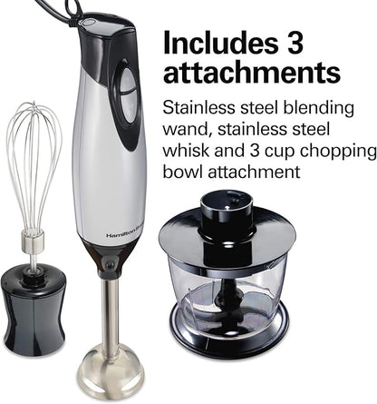 Hamilton Beach 4-in-1 Electric Immersion Hand Blender with Handheld Blending Stick, Whisk + 3-Cup Food & Vegetable Chopper Bowl, 2-Speeds, 225 Watts, Silver and Stainless Steel (59765)