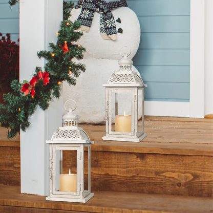 DECORKEY Lantern Decorative Indoor&Outdoor, 2 Pack 14.4'' Large Metal Candle Lanterns, Vintage Hanging Candle Holders for Farmhouse Wedding Front Porch Patio, Halloween Christmas Decorations for Home