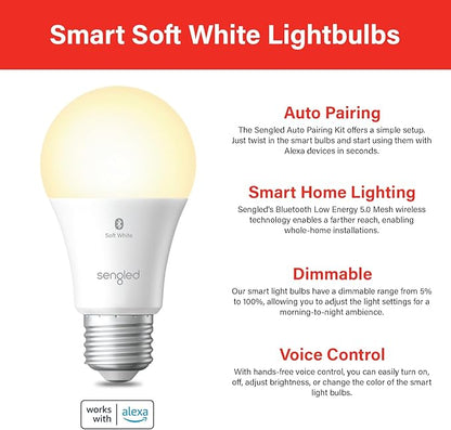 Sengled Alexa Light Bulb, S1 Auto Pairing with Alexa Devices, Warm Light Bulbs, Smart Light Bulbs That Compatible with Alexa, Bluetooth Mesh Smart Home Lighting, 60W Equivalent, E26, 800LM, 8-Pack