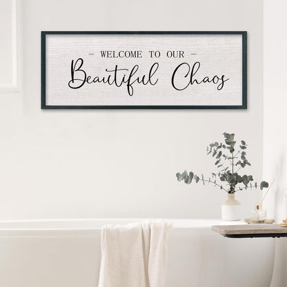 comurdyo Welcome To Our Beautiful Chaos Wall Decor Art 32"X12" for Home Entryway Sign Large Wood Framed Wall Hanging (Black)