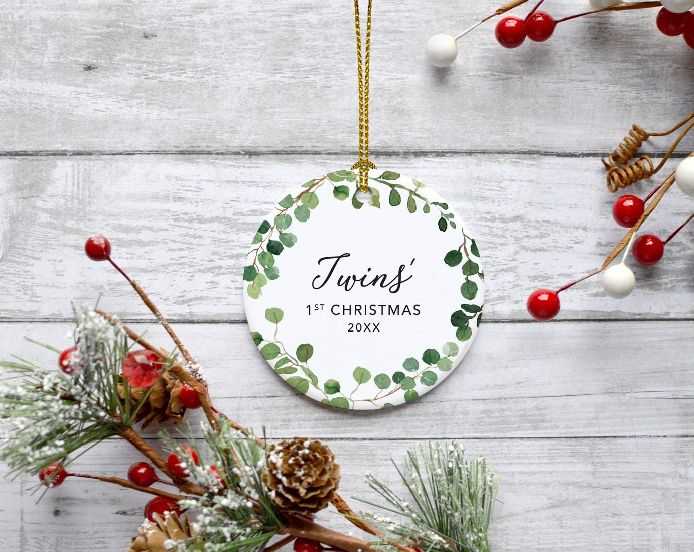 Andaz Press Custom Year Round Ceramic Porcelain Christmas Tree Ornament Keepsake Collectible Gift, Twins' 1st Christmas 2024, Farmhouse Eucalyptus Wreath, 1-PackTwin