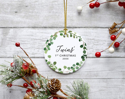 Andaz Press Custom Year Round Ceramic Porcelain Christmas Tree Ornament Keepsake Collectible Gift, Twins' 1st Christmas 2024, Farmhouse Eucalyptus Wreath, 1-PackTwin