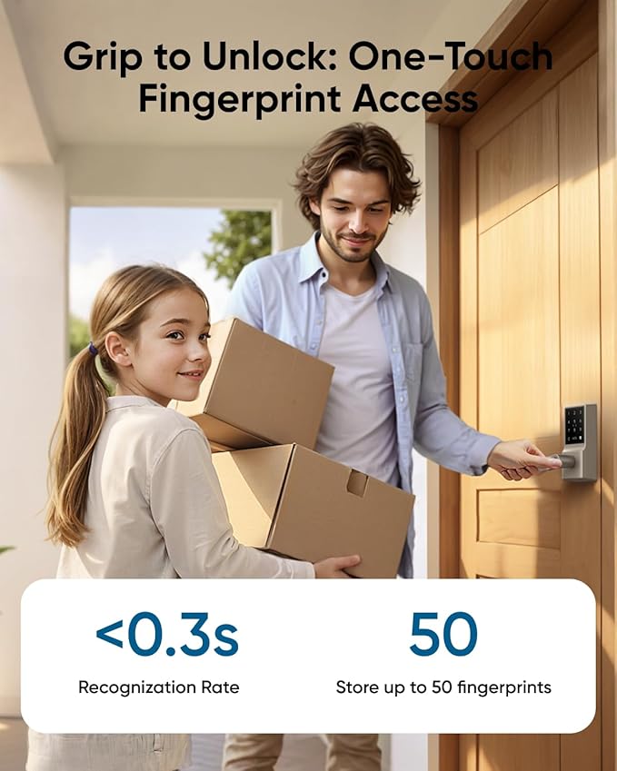 eufy Smart Lock C33, Keypad Door Lock with Handle, Fingerprint Door Knob, Keyless Entry Door Lock for Front Door and Bedrooms, Electronic Deadbolt, Wi-Fi, Remote App Control, IP53 Waterproof, Nickel