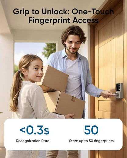 eufy Smart Lock C33, Keypad Door Lock with Handle, Fingerprint Door Knob, Keyless Entry Door Lock for Front Door and Bedrooms, Electronic Deadbolt, Wi-Fi, Remote App Control, IP53 Waterproof, Nickel