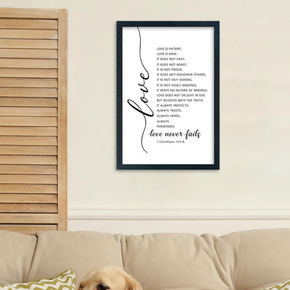 LuZhiQiang Love Is Patient Kind Wall Art 16"×11" Love Never Fails Sign 1 Corinthians 13 Bible Verse Wood Framed Wall Hanging Decor (Black)