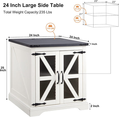 JXQTLINGMU Farmhouse End Table, 24" Large Sofa Side Table with Charging Station, Mesh Barn Door, and Adjustable Storage Shelf, Rustic Wood Square Nightstand for Living Room, Bedroom, Office, White