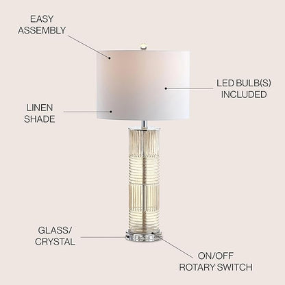 JONATHAN Y 30" Champagne Glass and Crystal Table Lamp, Contemporary Transitional Pillar Lamp for Living Room Bedroom, White Faux Silk Drum Shade, LED Bulb Included JYL2064A