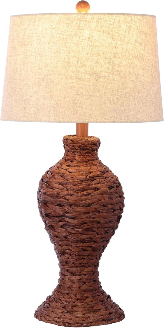 JONATHAN Y 31" Dark Brown Woven Water Hyacinth Table Lamp for Living Room, Coastal Farmhouse Urn Bedside Lamp with Gray Linen Drum Shade, LED Bulb Included (JYL1015B)