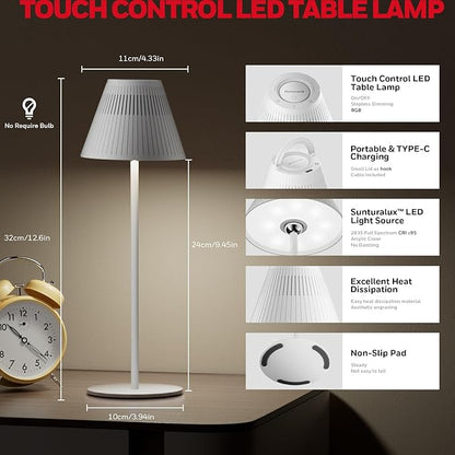 Rechargeable Table Lamps, LED Cordless Lamp with 5200mAh Battery Operated Portable M1 Sunturalux Dimmable 4Color 9RGB Touch Control Bedside Night Light for Patio Restaurant Home Dinner Dining Kitchen