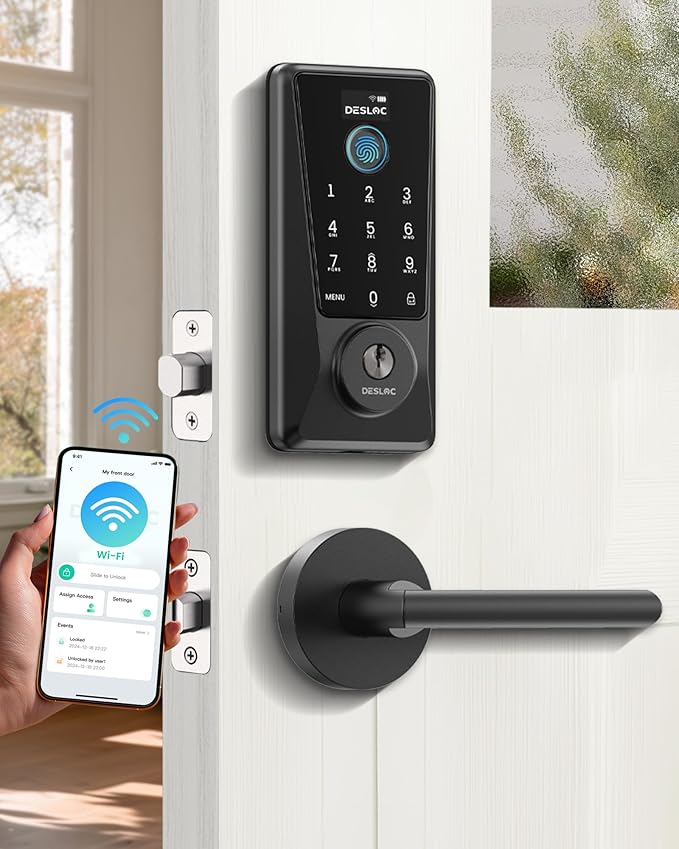 DESLOC D110 Plus Built-in Wi-Fi Smart Lock with 2 Lever Handles, Fingerprint Keyless Entry Door Lock Set, Touchscreen Keypad Deadbolt with Backlit, Remote Control, BHMA 3, IP54 Waterproof, Auto Lock