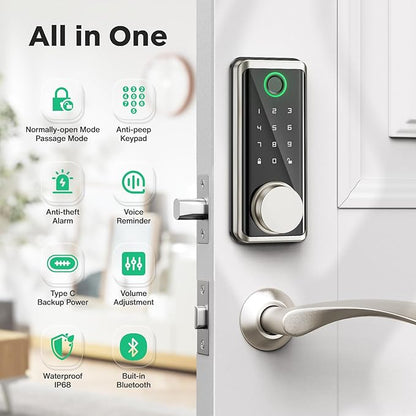 Sophia Keyless Entry Door Lock, Smart Auto Locks for Front Door & Key Fobs & Remote Control, Keypad Deadbolt Digital, Fingerprint Door Lock with Code, Cerraduras Inteligentes, IP68, Satin Nickel