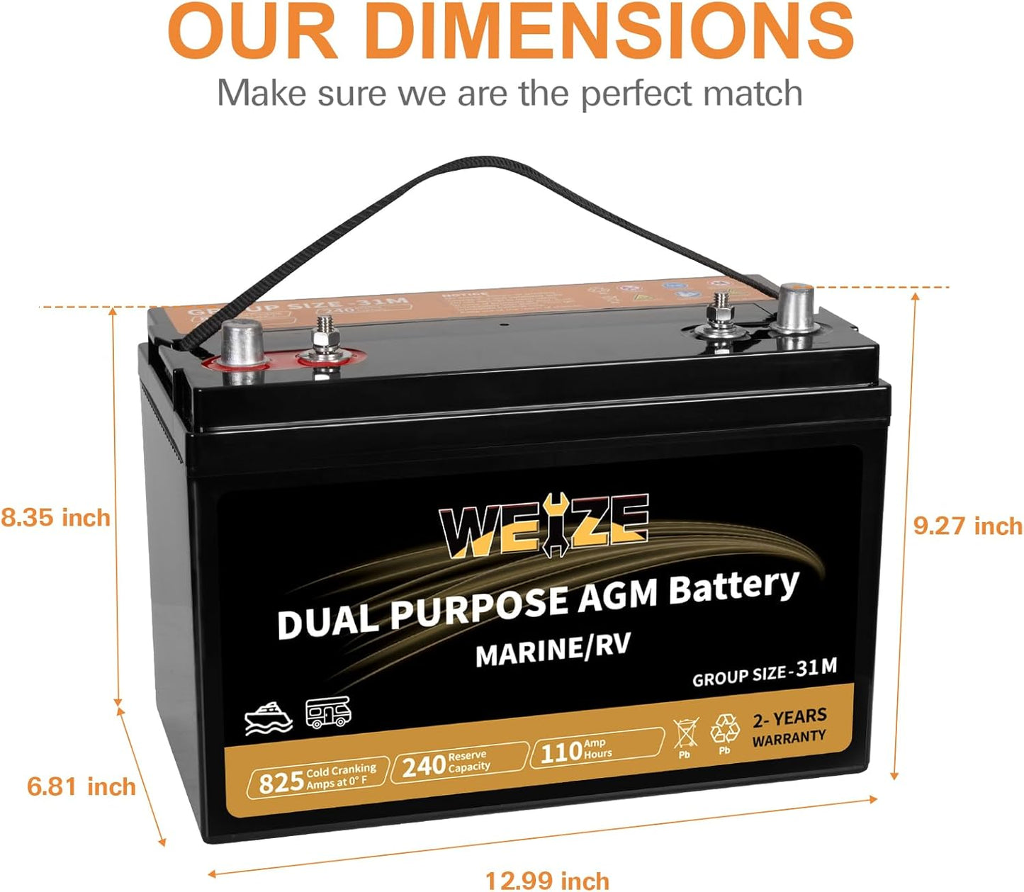 Weize BCI Group 31M Dual Purpose AGM Battery, 240RC 825CCA 12V 110AH Starter & Deep Cycle Sealed Marine & RV Battery