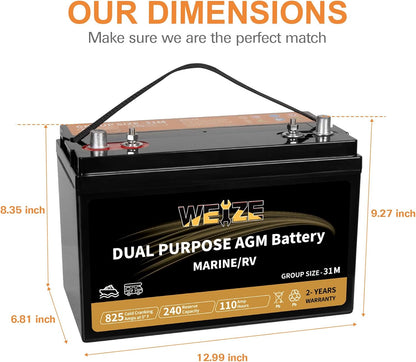 Weize BCI Group 31M Dual Purpose AGM Battery, 240RC 825CCA 12V 110AH Starter & Deep Cycle Sealed Marine & RV Battery