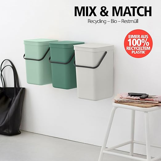 Brabantia Sort & Go Kitchen Recycling Bin | S / 3.2 Gal / 12L | Jade Green | Removable Stay-Open Lid, Carry Handle | Trash Can for Bottles, Cans, Paper, Glass | Wall-Mounting Bracket Included