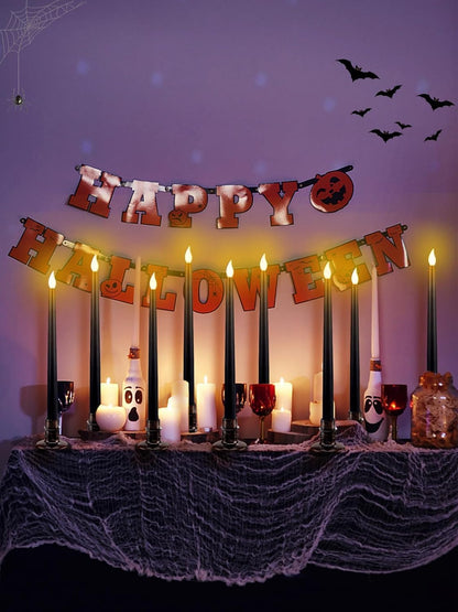 Alphatool 12 Pcs Halloween Black LED Flameless Candles with Bases - Flicker Flame, Tall Taper Smokeless Dripless Candles, Decor for Fireplace Diningtable Bar School