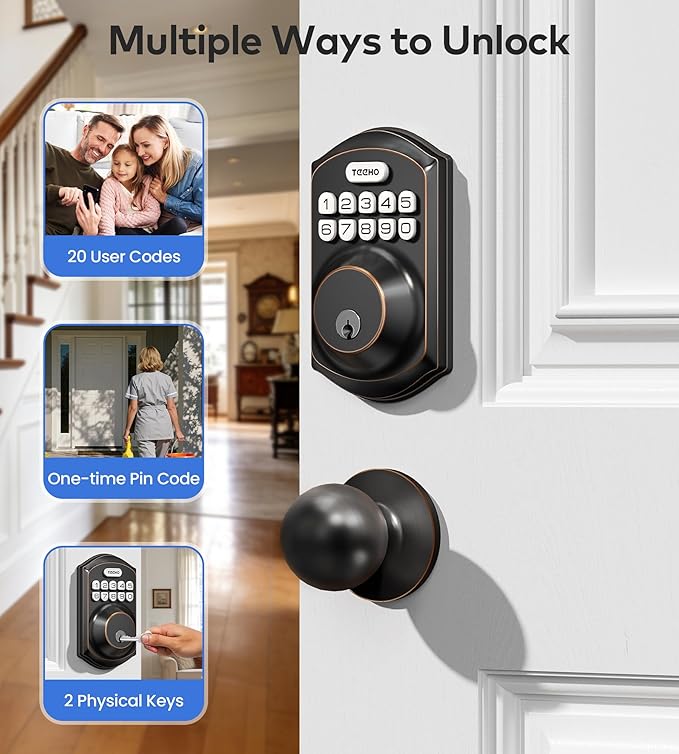 TEEHO TE001K Keyless Entry Door Lock with Handle, Electronic Keypad Deadbolt with 2 Knobs, High-Security Front Door Handle Set for Home & Rental, Smart Auto-Locking, Easy Install, Oil-Rubbed Bronze