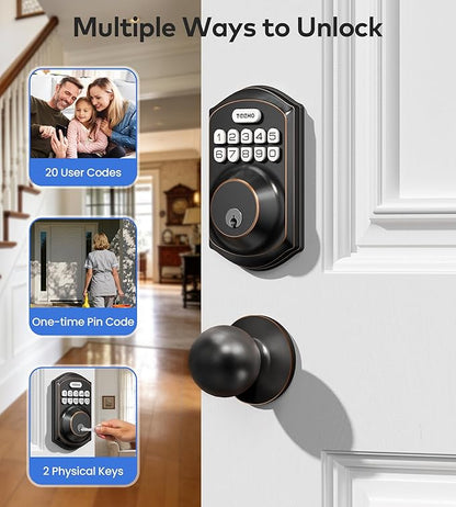 TEEHO TE001K Keyless Entry Door Lock with Handle, Electronic Keypad Deadbolt with 2 Knobs, High-Security Front Door Handle Set for Home & Rental, Smart Auto-Locking, Easy Install, Oil-Rubbed Bronze