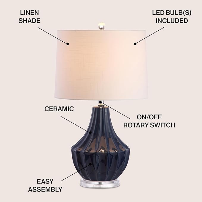 JONATHAN Y 24.5" Navy Blue Ceramic Table Lamp for Bedroom, Modern Bedside Desk Lamp, White Linen Drum Shade, Fluted Gourd for Living Room, LED Bulb Included JYL8018A