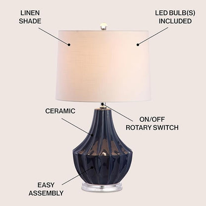 JONATHAN Y 24.5" Navy Blue Ceramic Table Lamp for Bedroom, Modern Bedside Desk Lamp, White Linen Drum Shade, Fluted Gourd for Living Room, LED Bulb Included JYL8018A