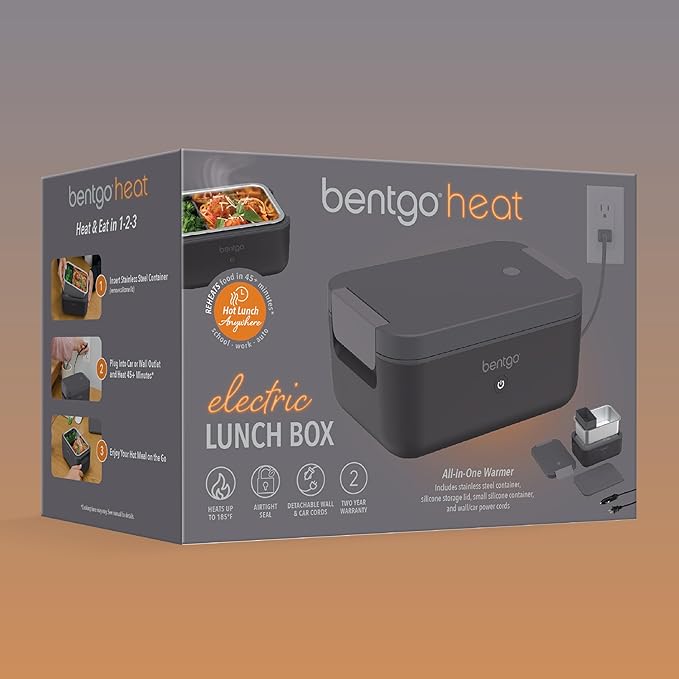 Bentgo Heat - Electric Lunch Box - Portable Food Warmer for Adults, Heated Lunch Box for Work, Travel, School & On the Go, Plug Into Wall or Car, Ideal for Ages 14+, 12V/24V & 120V Cords (Obsidian)