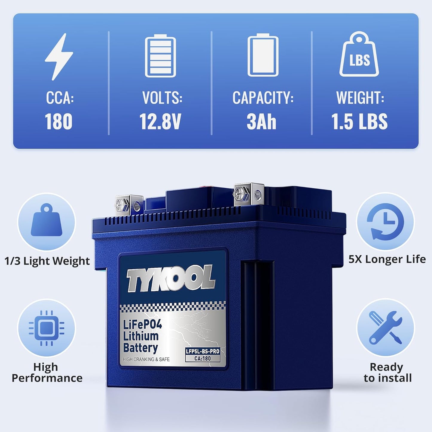 TYKOOL YTX5L-BS High Performance lithium LiFePO4 Motorcycle Battery,12.8V 3Ah,180CCA,Built in BMS,Powersports Battery,for ATV,4 wheeler,quad,dirt bike,Scooter,Lawn Mower,Generator