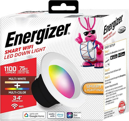 Energizer Smart Recessed Downlight, 3”-4” BR30 Multi-Color & Multi-White Wi-Fi LED Bulb, E26 Screw Base, 1100 Lumens, 11W, 75W Equivalent, App & Voice Control with Alexa Google Siri, Scheduling & More