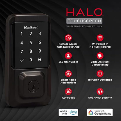 Kwikset Halo Wi-Fi Smart Lock, Keyless Entry Front Door Touchscreen Deadbolt, App Control, Grade AAA Certified, Easy Install No Hub, Venetian Bronze Finish