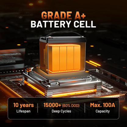 12V 100Ah LiFePO4 Lithium Battery with Bluetooth - BCI Group 24 15000+ Deep Cycle Battery, Built-in 100A BMS & Low-Temp Protection, for RV/Marine/Trolling Motor/Off-Grid/Home Backup