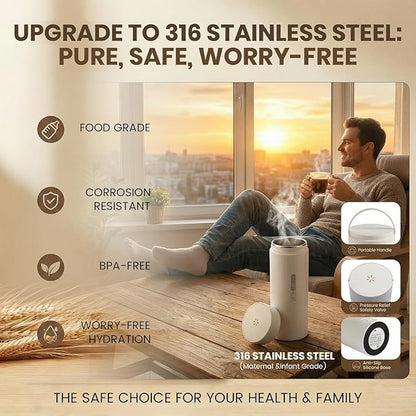 Travel Tea Kettle（110V）, Portable Electric Kettle, 316 Stainless Steel Premium Liner, 4-speed Temperature Adjustment with Auto Shut-off and Boil-Off Protection,White.