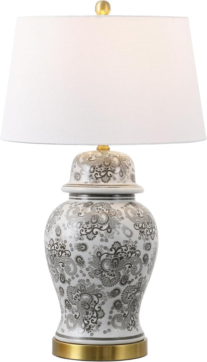 JONATHAN Y 29.5" Gray/White Ceramic Table Lamp for Living Room and Office, White Linen Drum Shade, Traditional Chinoiserie Ginger Jar Lamp, LED Bulb Included (JYL3008B)