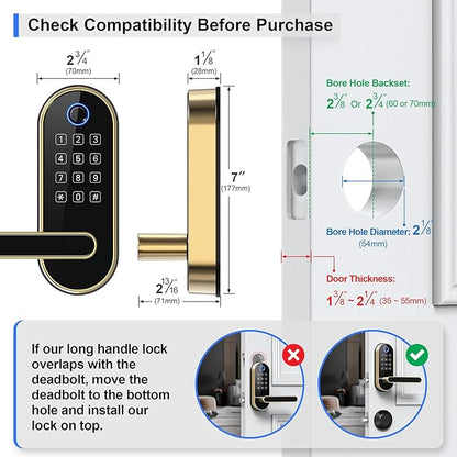 Bluetooth Fingerprint Smart Lock with Handle & Keypad – Fits Most US Doors, DIY Install, Keyless Entry: Code, FOB, Auto-Lock. Ideal for Home, Airbnb, Rental, Kids, Seniors. Alexa & Google Compatible