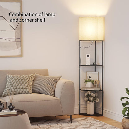 SUNMORY Sector Corner Shelf Lamp 3 Color Temperatures LED Bulb,Corner Lamps with Linen Lampshade, Floor Lamps for Living Room, Bedroom, Study, Black Standing Lamp with Shelves