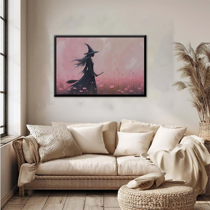 JFHCQJPK Witch in the pink sea of flowers Halloween prints weird flowers wall art silhouette painting fashionable romantic decoration suitable for bedroom20x30in Metal blackFramed